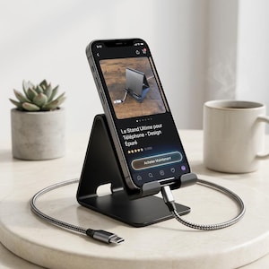 Può includere: Un supporto per smartphone in metallo nero sostiene un telefono che mostra una pagina prodotto con il testo Le Stand Ultime pour Téléphone - Design Épuré e un cavo di ricarica intrecciato collegato alla base, su una superficie circolare.