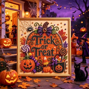 Puede incluir: Un cuadro de pintura de diamantes con una gran calabaza naranja y el texto Trick or Treat, rodeado de calabazas pequeñas, dulces, piruletas, hojas de otoño, una araña y una telaraña, todo realizado con cuentas coloridas y brillantes.
