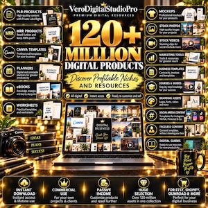 Könnte beinhalten: Eine Werbegrafik für ein digitales Ressourcenpaket mit dem Text 120+ MILLION DIGITAL PRODUCTS. Das Layout zeigt einen zentralen Laptop mit Inhalten für digitale Unternehmen, umgeben von Symbolen für PLR, MRR, Canva-Vorlagen und diverse Geschäftsressourcen.