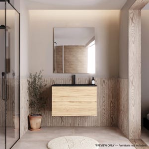 May include: A wall-mounted bathroom vanity featuring a light wood grain finish with two drawers, a matte black countertop, and a tall black faucet. A rectangular mirror is mounted above the vanity, which is positioned against a vertical wood slat wall.