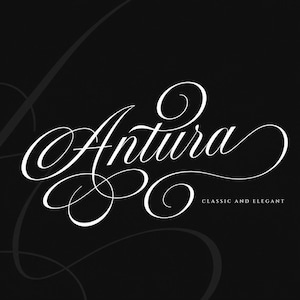 May include: A black graphic design featuring the white text Antura in a large, flowing, cursive script font. Below the main word, the text CLASSIC AND ELEGANT is printed in a smaller, simple, capitalized sans-serif typeface.