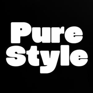 May include: A graphic design featuring the white text Pure Style in a bold, rounded, sans-serif typeface. The letters are arranged in two lines against a solid black background, creating a high-contrast visual composition with clean edges.