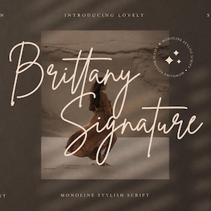 May include: A digital font display featuring the text Brittany Signature in a light-colored, flowing script typeface. The background shows a sepia-toned photograph of a person in a long dress walking on sand, framed by dark borders with text.