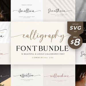 Op de afbeelding: Een digitale weergave van een kalligrafie lettertypebundel met tien verschillende scriptstijlen. De centrale tekst luidt calligraphy FONT BUNDLE, 10 BEAUTIFUL & LOVELY CALLIGRAPHY FONT, COMMERCIAL USE. Een bruine ronde badge toont INCLUDE SVG FILE.