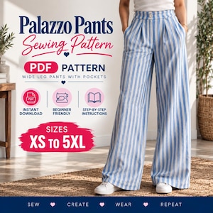 Pode incluir: Um molde de costura digital para calças palazzo largas com bolsos, com riscas verticais azuis e brancas. O texto diz Palazzo Pants Sewing Pattern, PDF Pattern, Wide Leg Pants With Pockets, Instant Download, Beginner Friendly, Step-By-Step Instructions, Sizes XS to 5XL, Sew, Create, Wear, Repeat.
