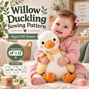 Pode incluir: Um molde de costura digital em PDF intitulado Willow Duckling com um tamanho final de 45,7 cm por 30,5 cm. O molde inclui formatos A0, A4 e US Letter. O gráfico mostra um patinho de pelúcia branco com um cachecol amarelo de bolinhas.