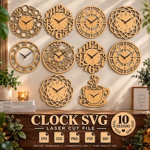 Wall Clock Svg Bundle, Wooden Clock Laser Cut Files, 10 Modern Clock Designs, Wood Wall Decor Template, Glowforge xTool Cnc, Dxf Eps Pdf Png