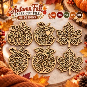 May include: A set of six laser-cut wooden ornaments featuring intricate autumn designs including a pumpkin, an apple with a heart, two maple leaves, an acorn, and a round floral motif. The text reads Autumn Fall Laser Cut File 08 Designs SVG PNG PDF EPS DXF.
