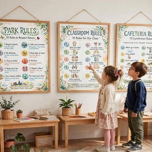 May include: Three rectangular wall posters in wooden frames titled Park Rules, Classroom Rules, and Cafeteria Rules, each listing ten numbered guidelines with colorful illustrations, displayed on a white wall above wooden tables and chairs.