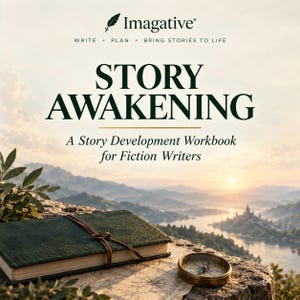 May include: A dark green hardback workbook titled STORY AWAKENING: A Story Development Workbook for Fiction Writers by Imagative. The book features a leather-like texture with a brown strap closure, resting on a map next to a brass compass.
