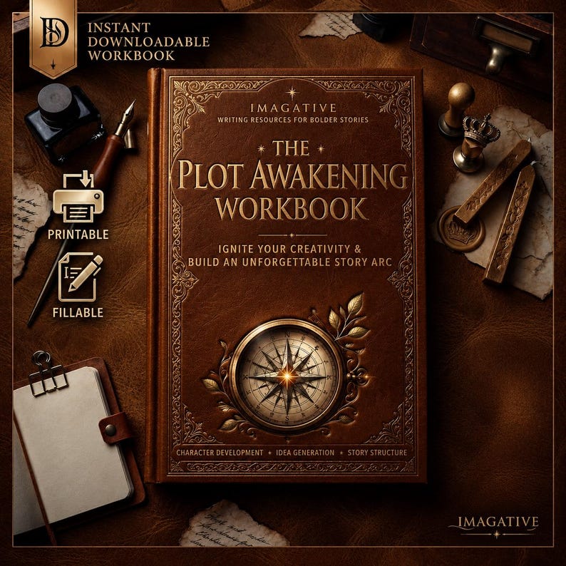 May include: A brown leather-bound workbook titled The Plot Awakening Workbook with gold embossed text and a central compass illustration. The cover features the text Imagative Writing Resources for Bolder Stories, Ignite Your Creativity & Build An Unforgettable Story Arc, and Character Development, Idea Generation, Story Structure.