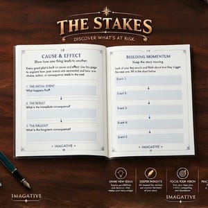 May include: An open workbook titled The Stakes with pages 18 and 19 visible. Page 18 features Cause & Effect with prompts for initial event, result, and fallout. Page 19 features Building Momentum with a five-event chart. A fountain pen lies nearby.
