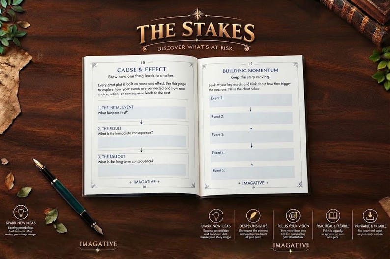 May include: An open workbook titled The Stakes with pages 18 and 19 visible. Page 18 features Cause & Effect with prompts for initial event, result, and fallout. Page 19 features Building Momentum with a five-event chart. A fountain pen lies nearby.