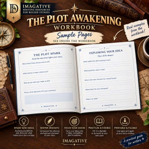 May include: An open workbook titled The Plot Awakening Workbook with pages 6 and 7 visible. Page 6 is headed The Plot Spark and page 7 is headed Exploring Your Idea. Both pages feature lined sections for writing, star icons, and the text Imagative.