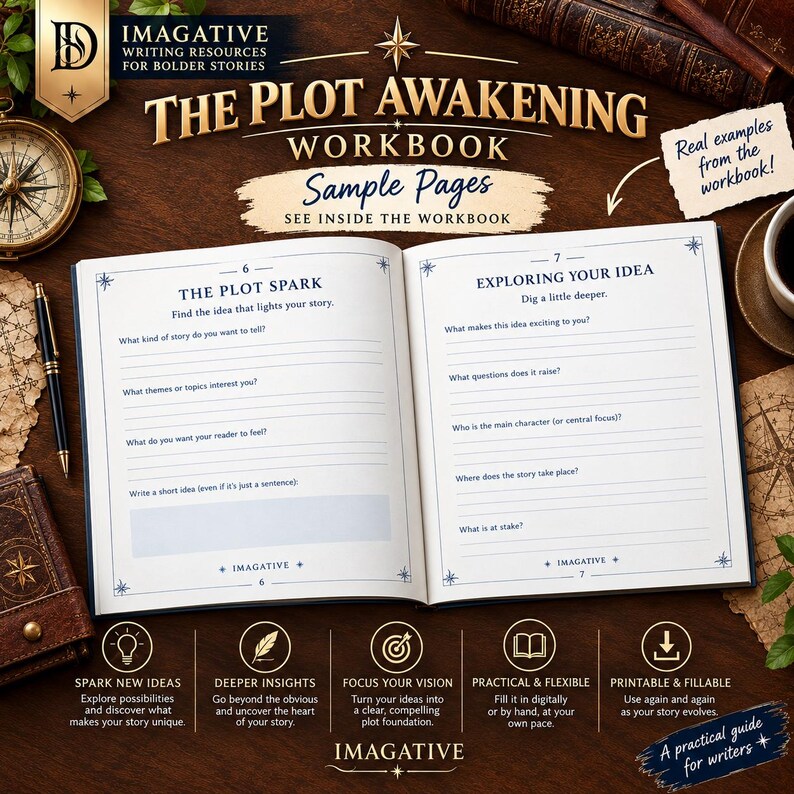 May include: An open workbook titled The Plot Awakening Workbook with pages 6 and 7 visible. Page 6 is headed The Plot Spark and page 7 is headed Exploring Your Idea. Both pages feature lined sections for writing, star icons, and the text Imagative.