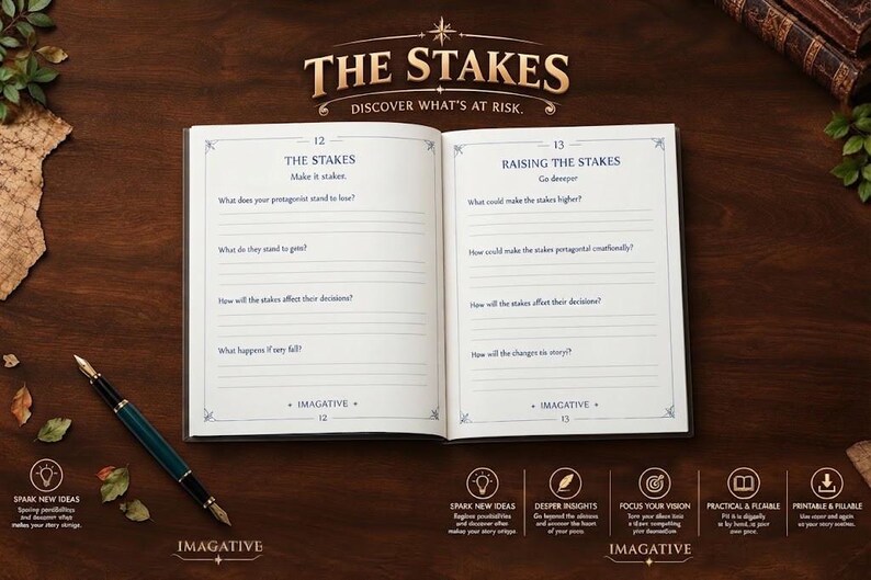 May include: An open journal featuring pages 12 and 13 titled The Stakes and Raising The Stakes. The pages contain writing prompts with blank lines for responses. A fountain pen lies beside the book, which includes the text Imagative at the bottom.