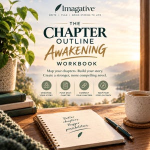 May include: A spiral-bound workbook titled The Chapter Outline Awakening Workbook with the text Better chapters. Bigger possibilities. A pen rests on the cover. The background shows a mountain landscape at sunrise with a plant and coffee mug.
