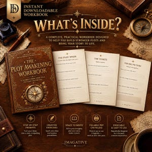 May include: A brown, leather-bound workbook titled The Plot Awakening Workbook with a compass graphic, accompanied by three open pages featuring prompts like The Plot Spark, The Stakes, and The Big Picture, plus text detailing features.