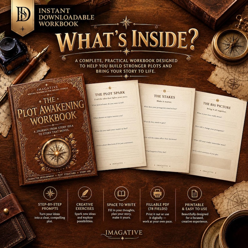 May include: A brown, leather-bound workbook titled The Plot Awakening Workbook with a compass graphic, accompanied by three open pages featuring prompts like The Plot Spark, The Stakes, and The Big Picture, plus text detailing features.