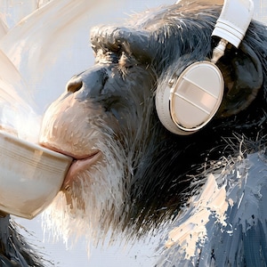 Puede incluir: Un chimpancé de pelaje oscuro con auriculares blancos, sosteniendo una taza de cerámica clara contra su boca. La imagen presenta pinceladas gruesas y visibles, junto con un vapor blanco que se eleva en espiral desde la taza.