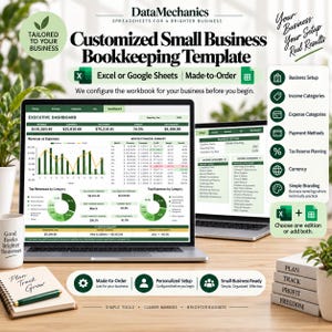 Könnte beinhalten: Eine DataMechanics Buchhaltungsvorlage für kleine Unternehmen für Excel oder Google Sheets. Der Bildschirm zeigt ein Executive-Dashboard mit Finanzdiagrammen, Einnahmen- und Ausgabendaten. Enthält Symbole für die Einrichtung.