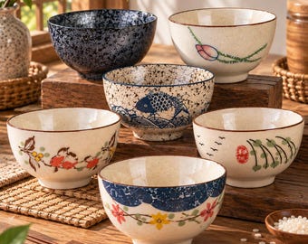 Japanese-Style Ceramic Rice Bowl, 4.5 Inch Pottery, Retro Tableware (On-Glazed)