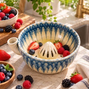 May include: A ceramic citrus juicer bowl featuring a cream-colored interior and exterior with a blue drip-glaze pattern. The bowl includes a central reamer, a side pouring spout, and contains fresh strawberries, raspberries, and blueberries.