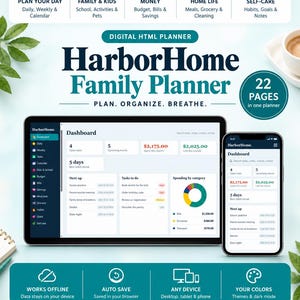 Op de afbeelding: De HarborHome Family Planner is een digitale HTML-planner met 22 pagina's. Het toont een dashboard op een tablet en smartphone met taken, uitgaven en gewoontes. De interface bevat secties voor planning, familie, geld, huishouden en zelfzorg.