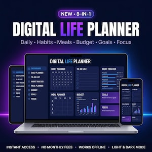 Peut inclure: Un planificateur de vie numérique affiché sur un ordinateur portable, une tablette et un smartphone. L'interface présente un thème sombre avec des accents bleus et violets, incluant des sections pour la planification quotidienne, les listes de tâches, le suivi des habitudes, les repas, le budget, les objectifs et la concentration.