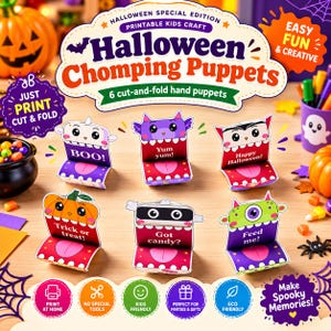 May include: A printable Halloween craft set featuring six colorful paper hand puppets with text including BOO, Yum yum, Happy Halloween, Trick or treat, Got candy, and Feed me. The set includes instructions to print, cut, and fold the puppets.