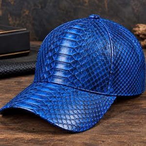 Blue Python Snakeskin Baseball Cap, Handmade Exotic Leather Hat, Black Cap Luxury Streetwear Gift