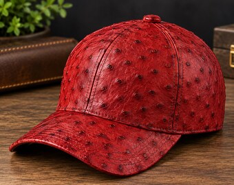 Red Ostrich Embossed Leather Baseball Cap, Vintage Caps for Men and Women