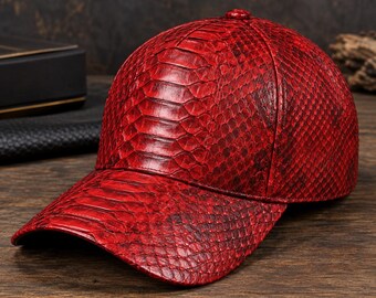 Red Python Snakeskin Baseball Cap, Handmade Exotic Leather Hat, Black Cap Luxury Streetwear Gift