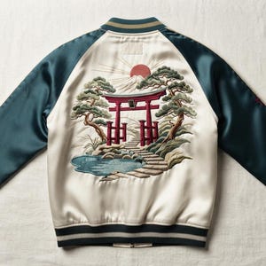 Peut inclure: Un blouson bomber en satin avec des manches bleu sarcelle foncé et un panneau arrière crème. Le dos présente une broderie complexe d'un torii rouge, d'un chemin en pierre, d'un étang, de pins et d'un soleil rouge se levant sur une montagne.