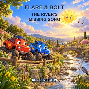 Puede incluir: Una portada de libro infantil titulada Flare & Bolt The River's Missing Song de Ron Covington. Muestra un camión monstruo rojo y uno azul con caras, estacionados junto a una cerca de piedra cerca de un río, un puente de piedra y un sol sonriente.