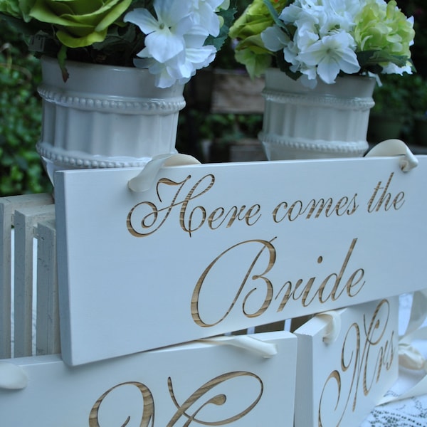 Here Comes The Bride Sign - Mr & Mrs Wedding Signs For Chairs - Ring Bearer Sign- Wedding Sign Set - Here Comes the Bride - Rustic Wedding