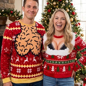 May include: Two people wearing red festive jumpers. The left jumper features a large tan graphic of testicles on a red background with white snowflakes and reindeer. The right jumper features a white faux fur trim with a black lace bra graphic.