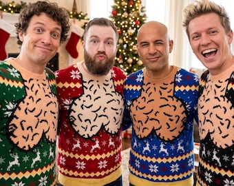 Suéter feio Dicky Meme, Suéter feio de Natal engraçado com bolas de Natal, Suéter feio feminino com decote, Suéter feio sujo, Suéter de Feliz Natal
