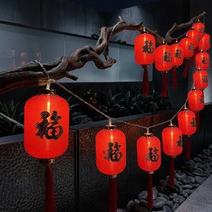 May include: A string of bright red cylindrical lanterns illuminated from within, each featuring a black Chinese character. The lanterns are suspended from a dark, gnarled wooden branch, with each lantern ending in a matching red tassel.