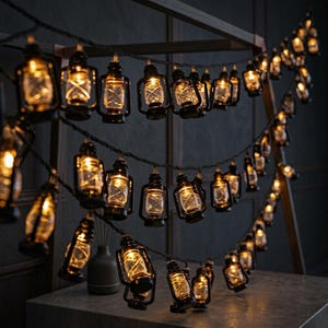 May include: A string of decorative lights featuring multiple miniature black lantern-shaped housings. Each small lantern contains a warm glowing bulb, creating a soft illumination. The lanterns are connected by a dark wire, arranged in draped rows.