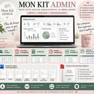 Op de afbeelding: Een digitale administratieve beheerset met een laptop die een dashboard toont met grafieken, tabellen en takenlijsten. Bevat iconen voor klantopvolging, facturen, uitgaven, uren, planningen, plus Word-sjablonen en een gebruikershandleiding.