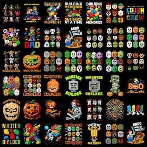 May include: A black fabric sheet featuring a grid of colorful graphic designs depicting block-style characters, pumpkins, skeletons, and text including "Building Memories," "Brick or Treat," "Monster Builder," and "Cousin Crew" in various fonts.