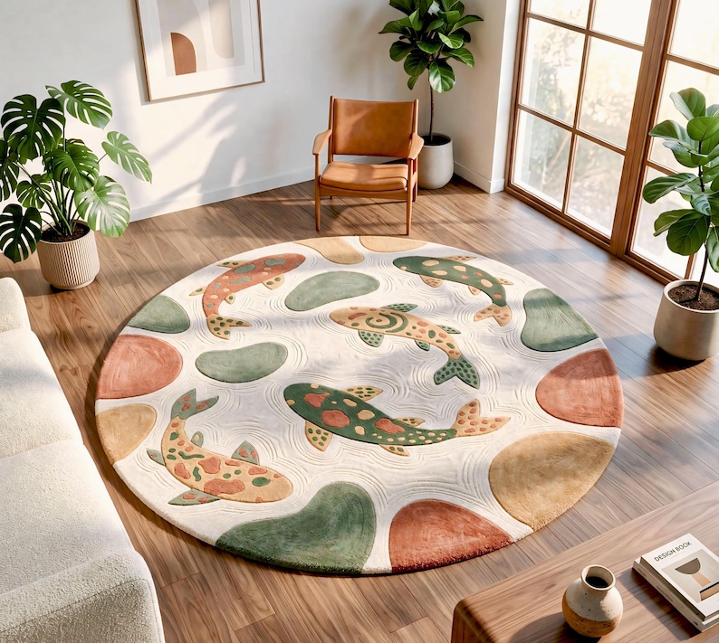 Rug Design Guide Handmade Round Wool Tufted Rug With Koi Fish & Water Ripple Design - Etsy