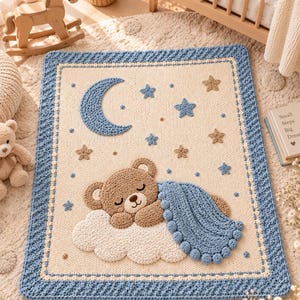 May include: A rectangular crochet baby blanket featuring a cream-colored center with a textured blue border. The design includes a sleeping brown teddy bear resting on a white cloud, covered by a blue blanket, beneath a blue crescent moon and stars.