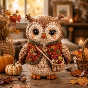 Può includere: Una statuetta di gufo all'uncinetto con grandi occhi scuri, che indossa un gilet color ruggine decorato con piccole foglie e ghiande in tessuto. Il gufo ha una borsa laterale coordinata contenente un fungo rosso in miniatura.