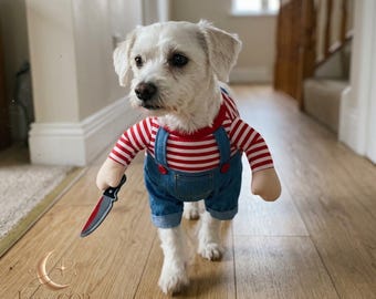 Divertente costume per cani: maglietta a righe rosse, salopette blu (costume di Halloween per cani di piccola taglia)