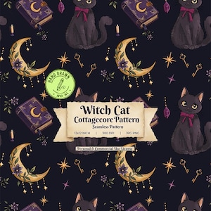 Könnte beinhalten: Ein nahtloses Muster auf dunklem Grund mit schwarzen Katzen mit lila Schleifen, lila Büchern mit goldenen Mondsicheln, blumigen Mondsicheln, Schlüsseln und Kristallen. Der Text lautet: Witch Cat Cottagecore Pattern 12x12 INCH.