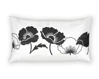 Funda de almohada de algodón con estampado floral de amapolas negras / Funda de almohada lumbar botánica