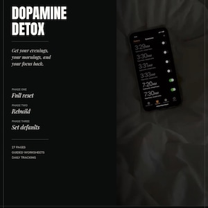 May include: A digital document titled Dopamine Detox, a 7-day protocol with 27 pages of guided worksheets and daily tracking. The text outlines three phases: Full reset, Rebuild, and Set defaults. A smartphone displays multiple alarm times.