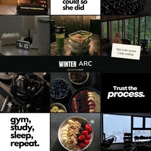 Puede incluir: Un collage de planificador de 90 días Winter Arc con textos motivadores como She believed she could so she did, Trust the process y gym, study, sleep, repeat. El diseño incluye imágenes de un portátil, equipo de gimnasio, comida y tazones saludables.